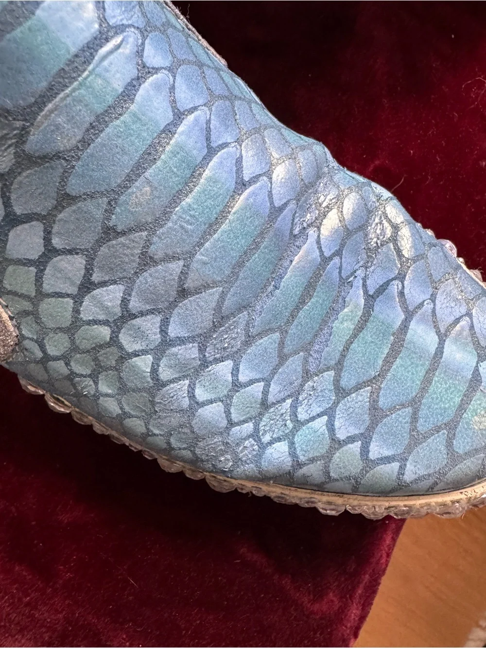 Iridescent Aqua Upcycled Slip-On Sneakers with Scaled Texture and Rhinestones